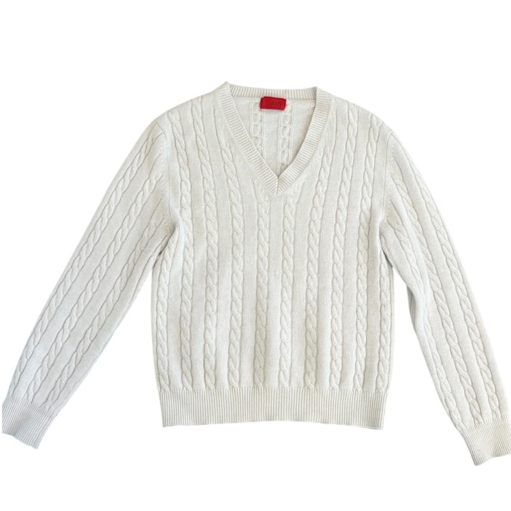 Isaia Napoli Cream 100% Cashmere Cable Knit V-Neck Sweater Made in Italy Size M